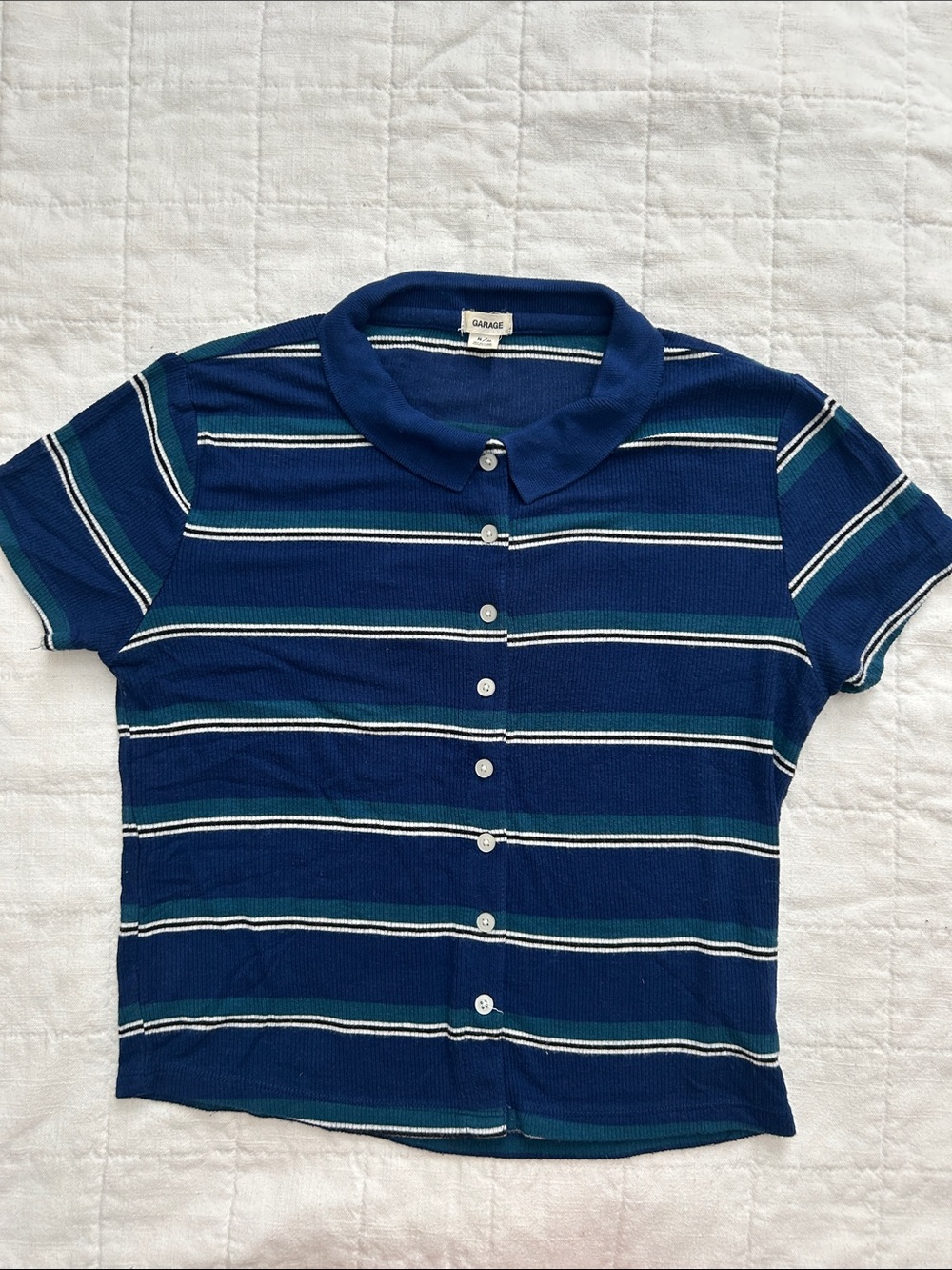 Garage Navy & Teal Striped Button Polo Top